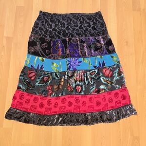 Chico’s Silk Multi Patchwork Burnout Velvet Boho Midi Skirt Size L Artsy Floral